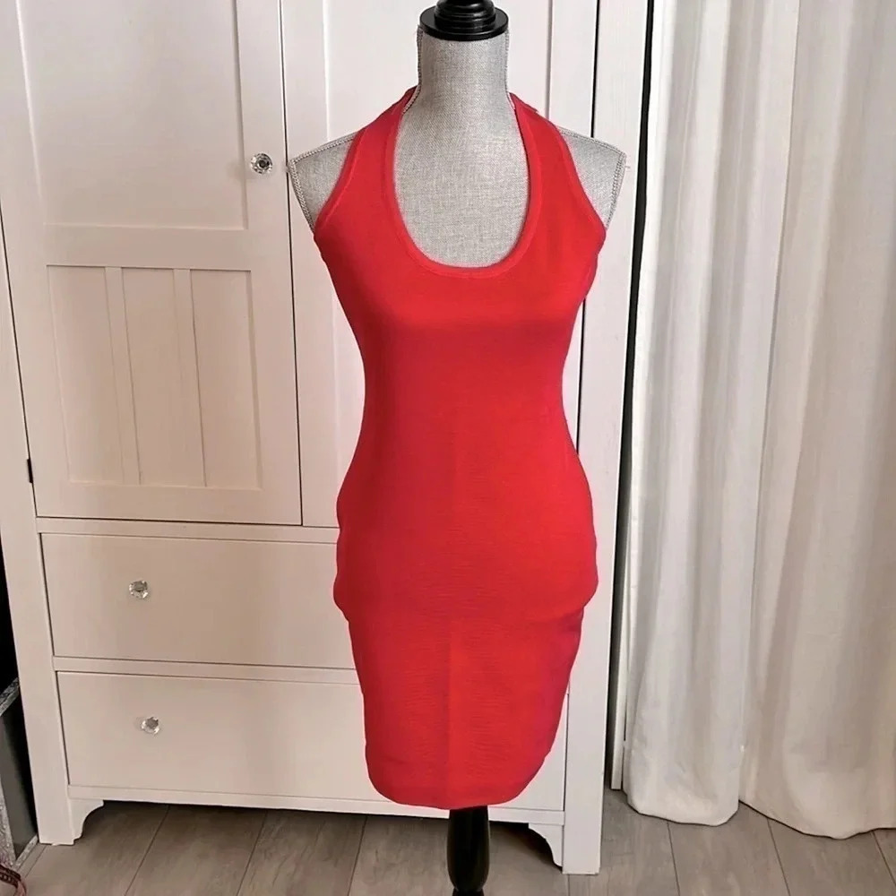 Coral Bodycon Bandage Racerback Dress, Size L
